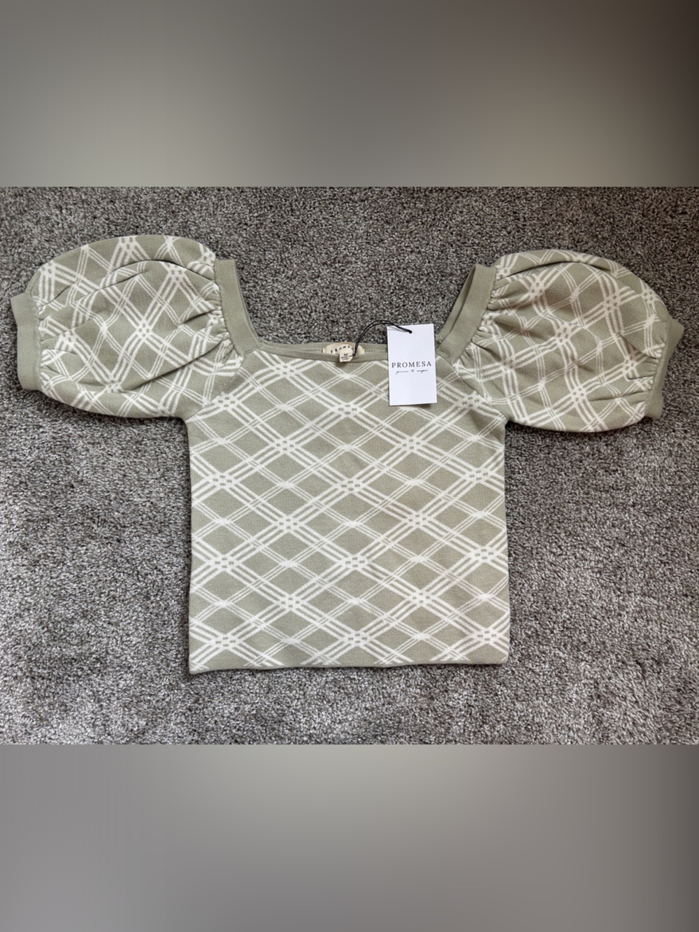 Ponteverde Plaid Puff-Sleeve Knit Top in Sage and Cream-Off the Shoulder